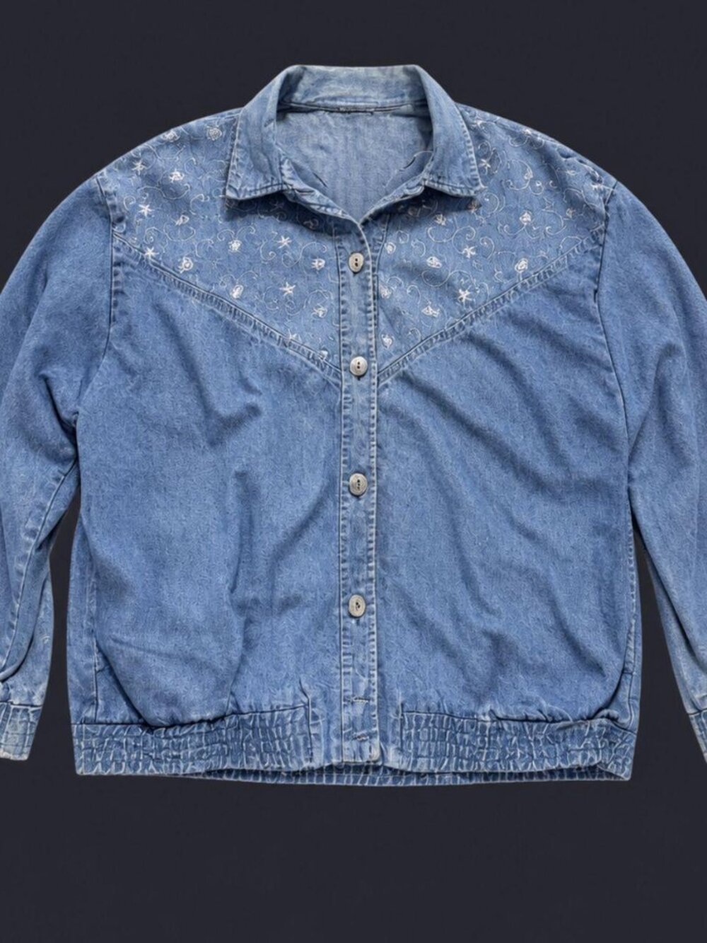 Blue Floral Embroidered Denim Jacket Medium